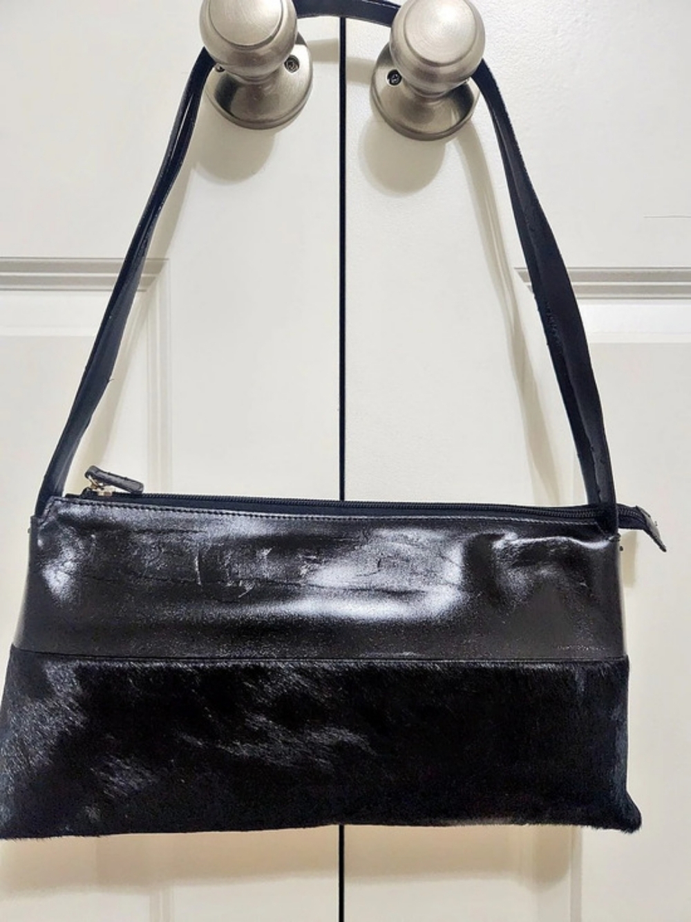 Vintage Francesco Biasia Black Leather and Calf Hair Shoulder Baguette/ Handbag